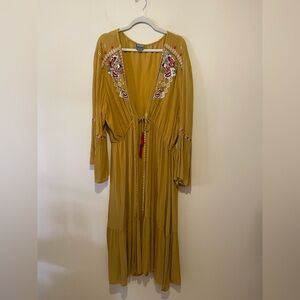 ARULA Boho Mustard Embroidered Long Sleeve Tassel Tie Maxi Rayon Dress. Sz B.